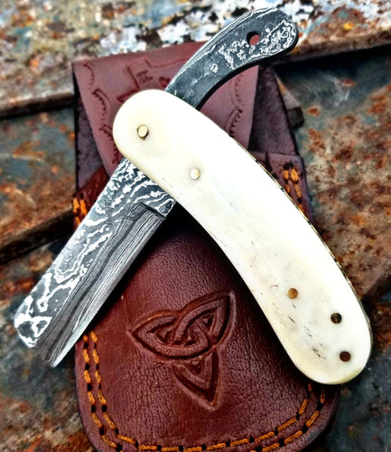 Small Damascus Razor with Bone Handle